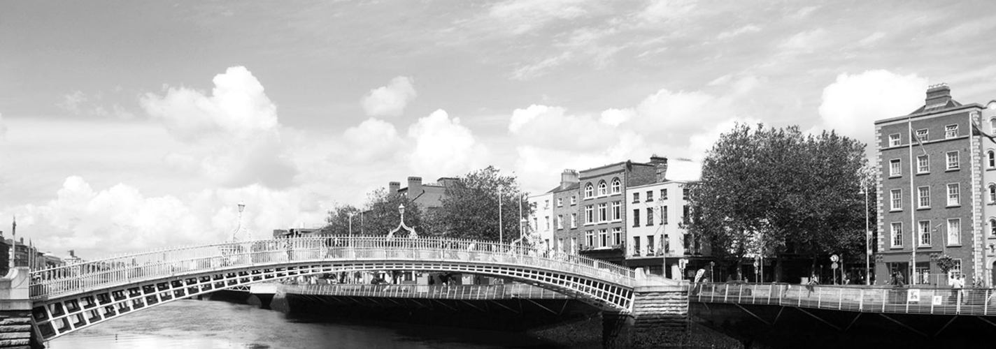The photo shows the famous Halfpenny Bridge in Dublin, Ireland 